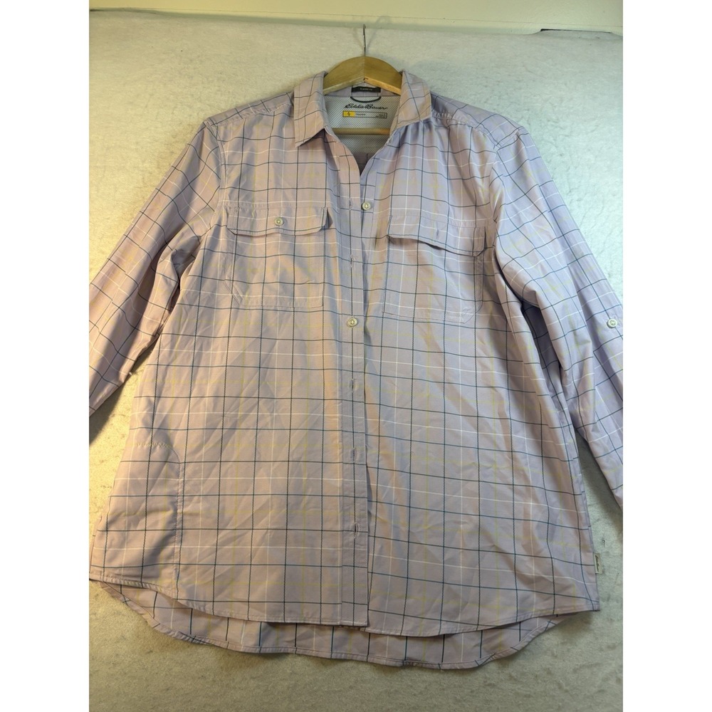 Eddie Bauer Travex Hiking Shirt Women L Classic Fit Lilac Plaid Roll-Tab Outdoor